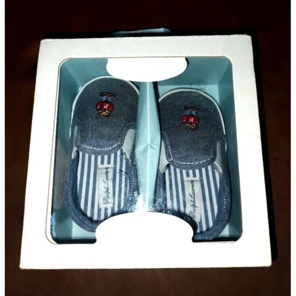 New in box Infant Baby Ralph Lauren Denim Carlee Bear Shoes US Sz 4 Length 13 cm